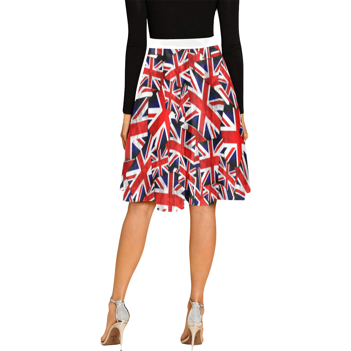 Union Jack British UK Flag - White Melete Pleated Midi Skirt (Model D15)