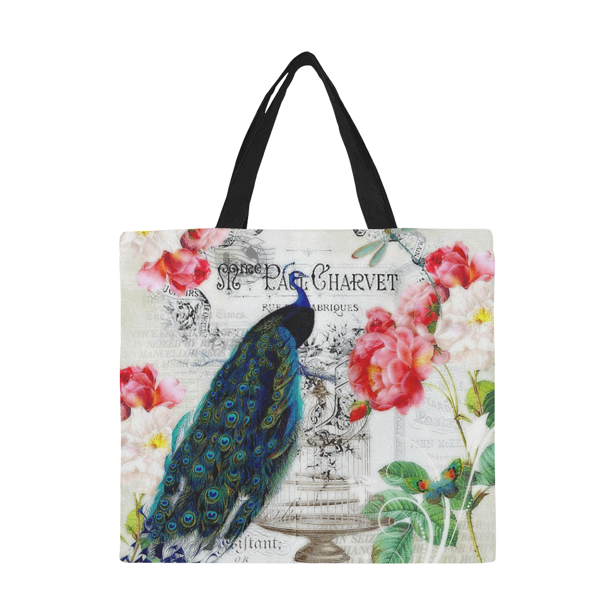 peacock and roses All Over Print Canvas Tote Bag/Large (Model 1699)