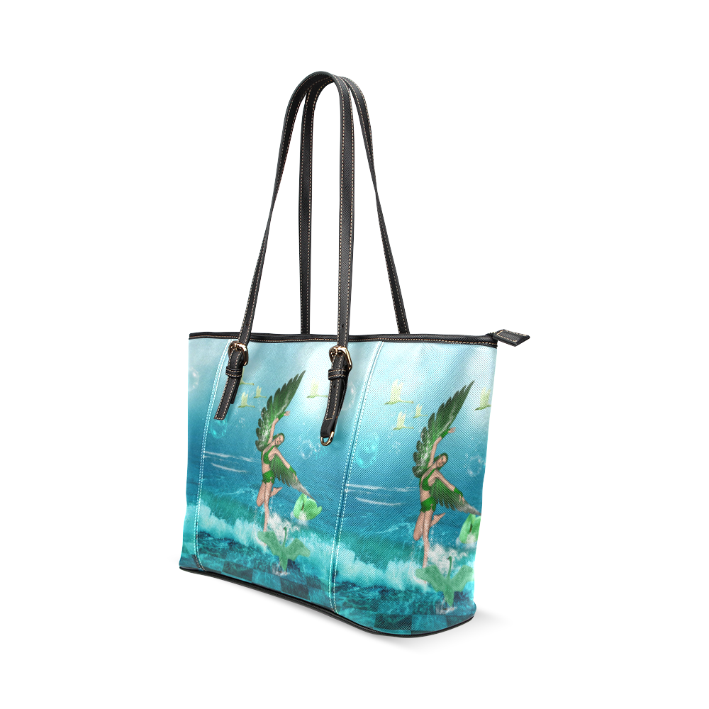 The fairy of birds Leather Tote Bag/Large (Model 1640)