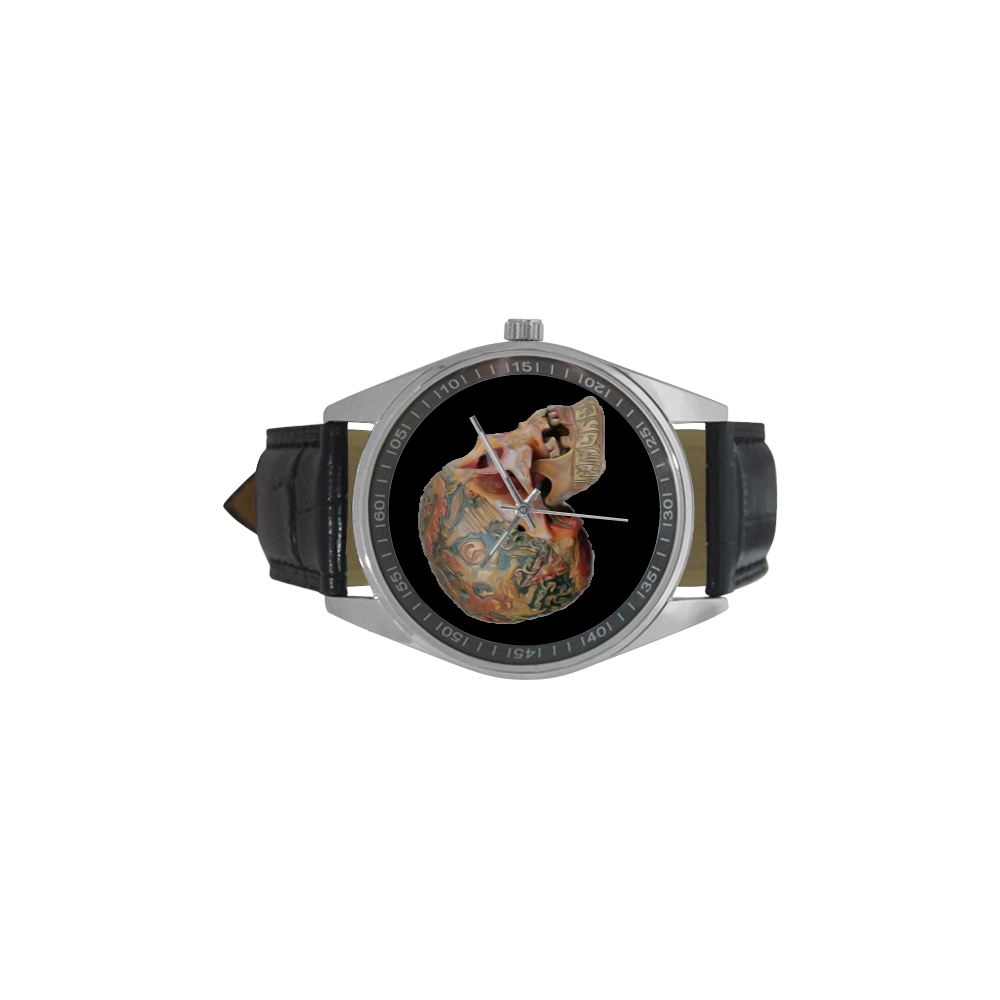 Colored Human Skull Men's Casual Leather Strap Watch(Model 211)