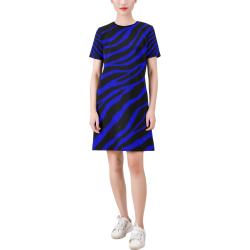 Ripped SpaceTime Stripes - Blue Short-Sleeve Round Neck A-Line Dress (Model D47)