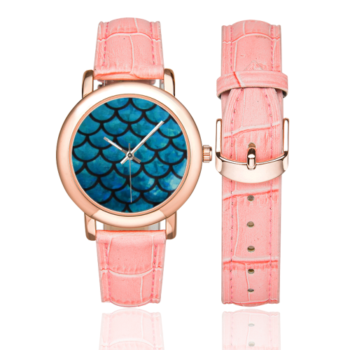 Mermaid SCALES blue Women's Rose Gold Leather Strap Watch(Model 201)
