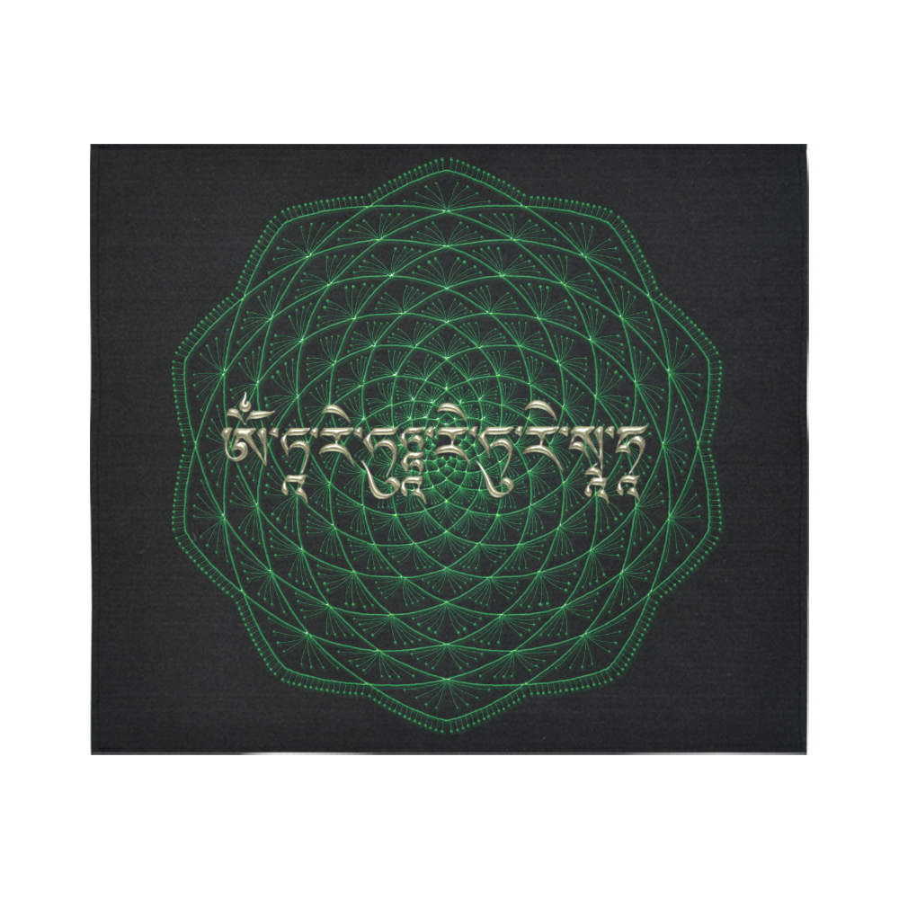 GreenTara Mantra with Mandala Cotton Linen Wall Tapestry 60"x 51"