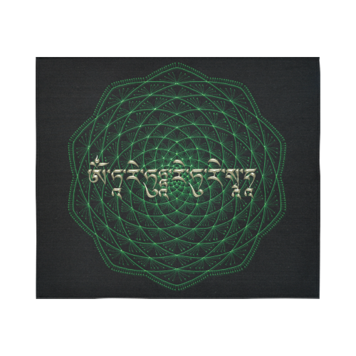 GreenTara Mantra with Mandala Cotton Linen Wall Tapestry 60"x 51"