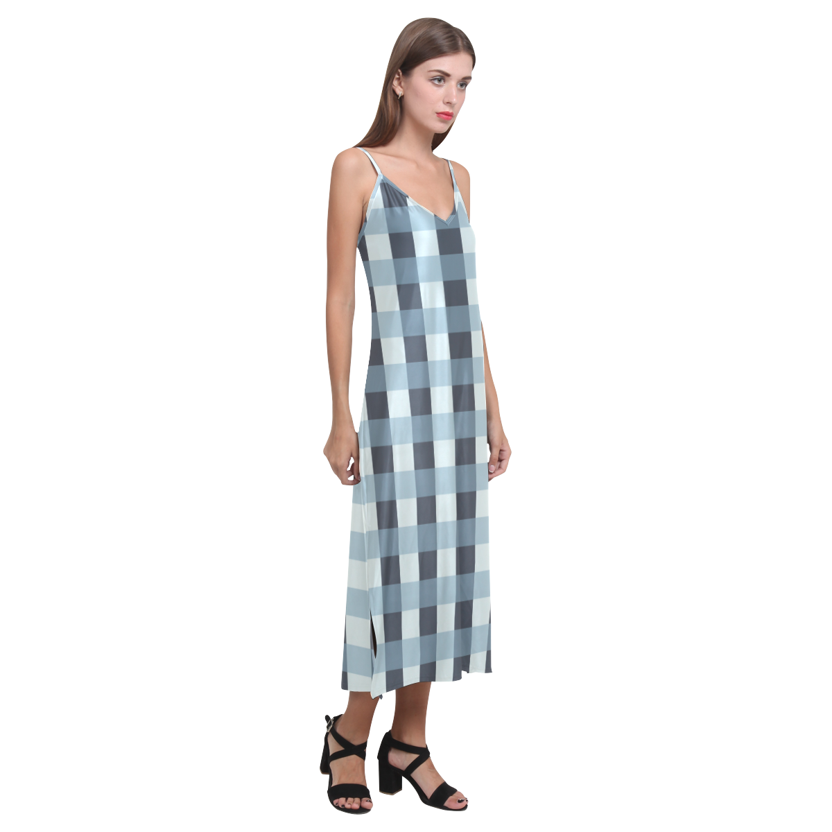 Tartan Turquoise V-Neck Open Fork Long Dress(Model D18)