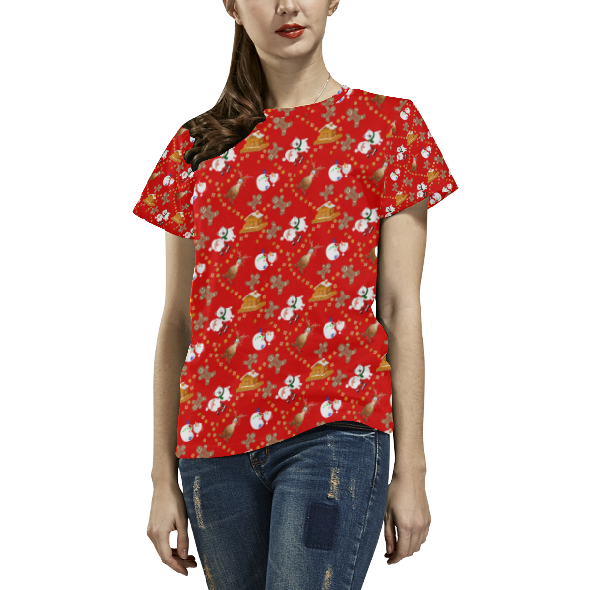 Christmas Gingerbread, Snowman, Reindeer and Santa Claus Red All Over Print T-Shirt for Women (USA Size) (Model T40)