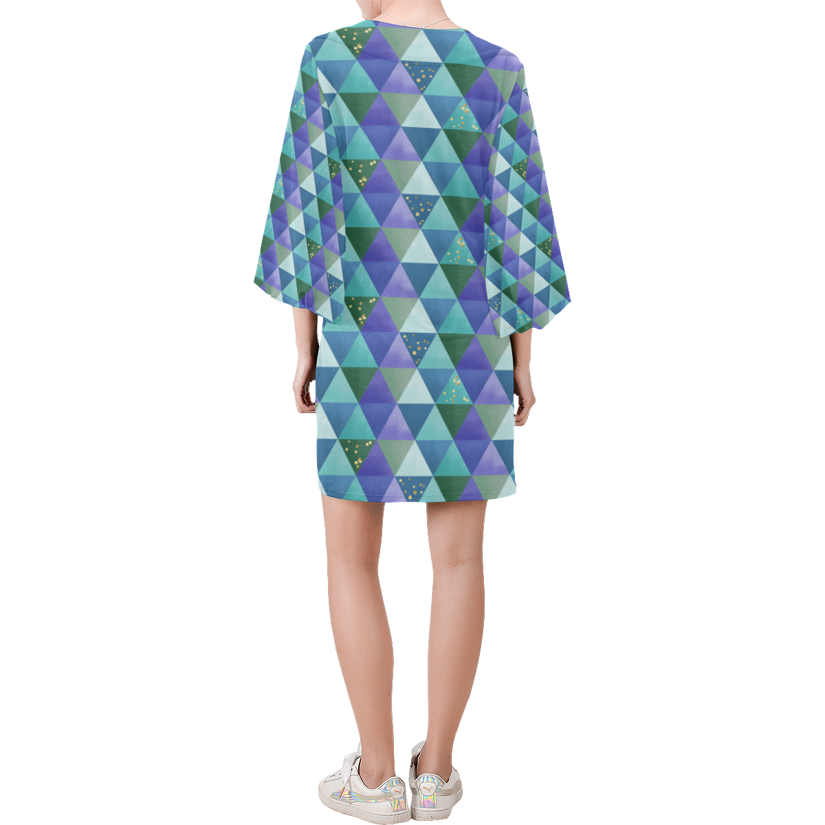 Triangle Pattern - Blue Violet Teal Green Bell Sleeve Dress (Model D52)