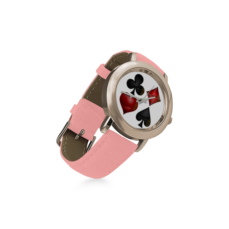 Las Vegas Black and Red Casino Poker Card Shapes Women's Rose Gold Leather Strap Watch(Model 201)
