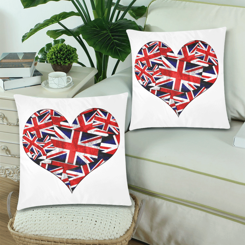 Union Jack British UK Flag Heart White Custom Zippered Pillow Cases 18"x 18" (Twin Sides) (Set of 2)