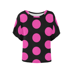 pink polka dots Women's Batwing-Sleeved Blouse T shirt (Model T44)
