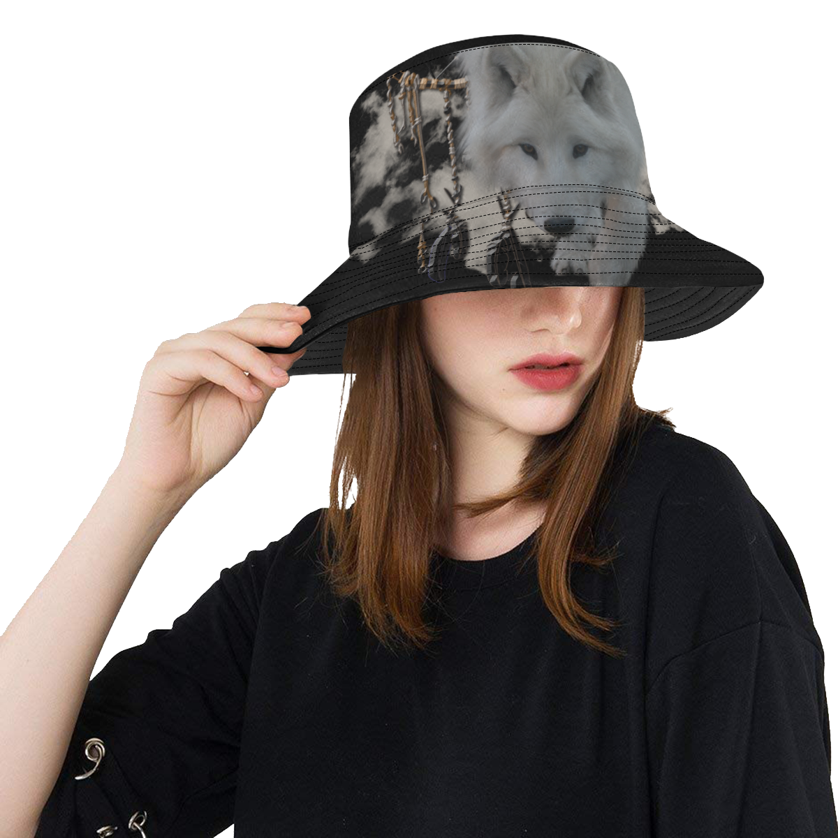 White Shaman Wolf with Dreamcatcher All Over Print Bucket Hat