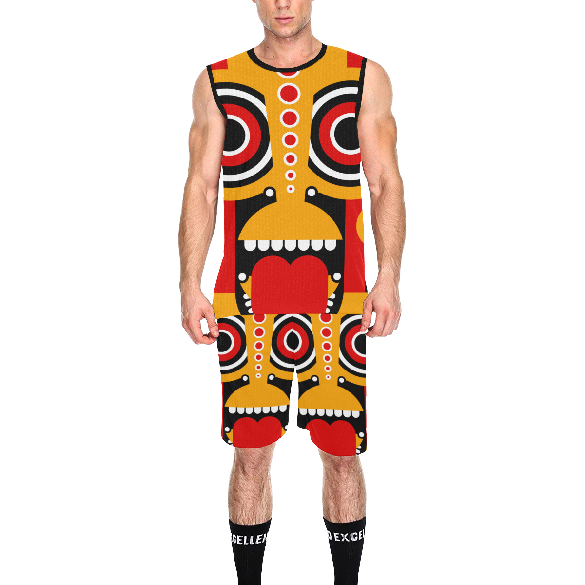Red Yellow Tiki Tribal All Over Print Basketball Uniform