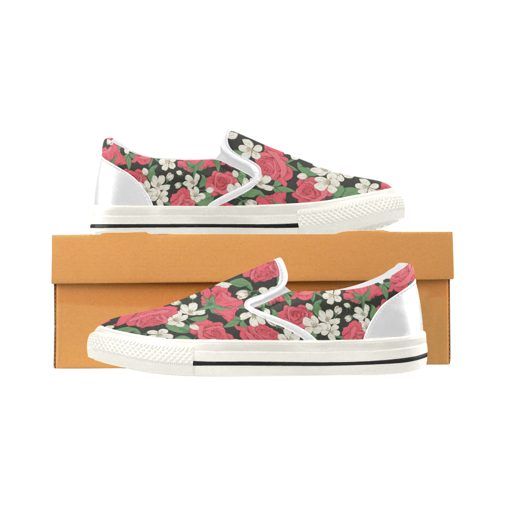 Pink, White and Black Floral Women's Slip-on Canvas Shoes/Large Size (Model 019)