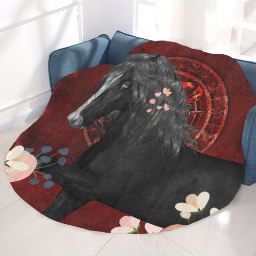 Black horse with flowers Circular Ultra-Soft Micro Fleece Blanket 60"