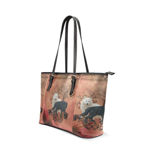 Awesome black and white wolf Leather Tote Bag/Small (Model 1640)
