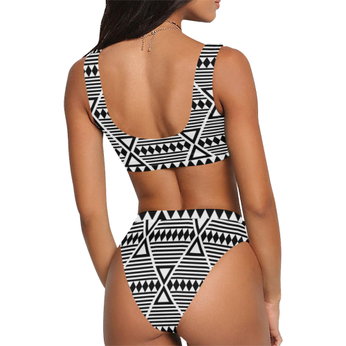 Black Aztec Tribal Sport Top & High-Waisted Bikini Swimsuit (Model S07)