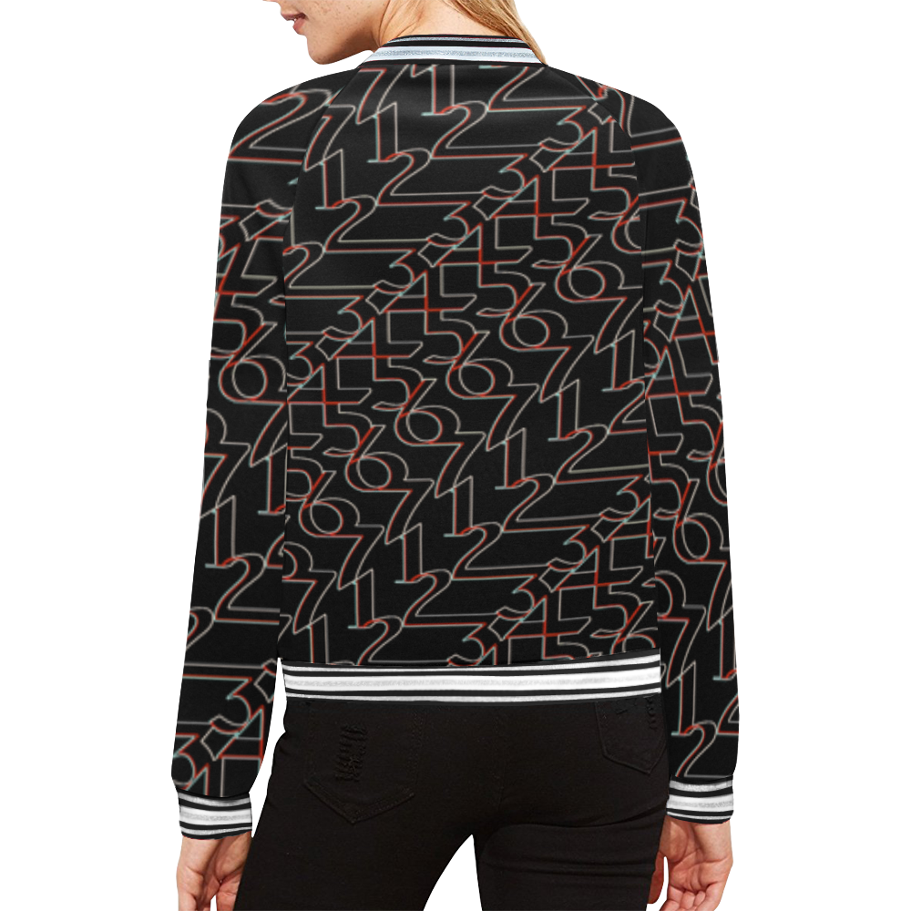 NUMBERS Collection 1234567 Blk/Red/White All Over Print Bomber Jacket for Women (Model H21)