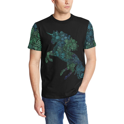 3D Psychedelic Unicorn blue and green Men's All Over Print T-Shirt (Solid Color Neck) (Model T63)