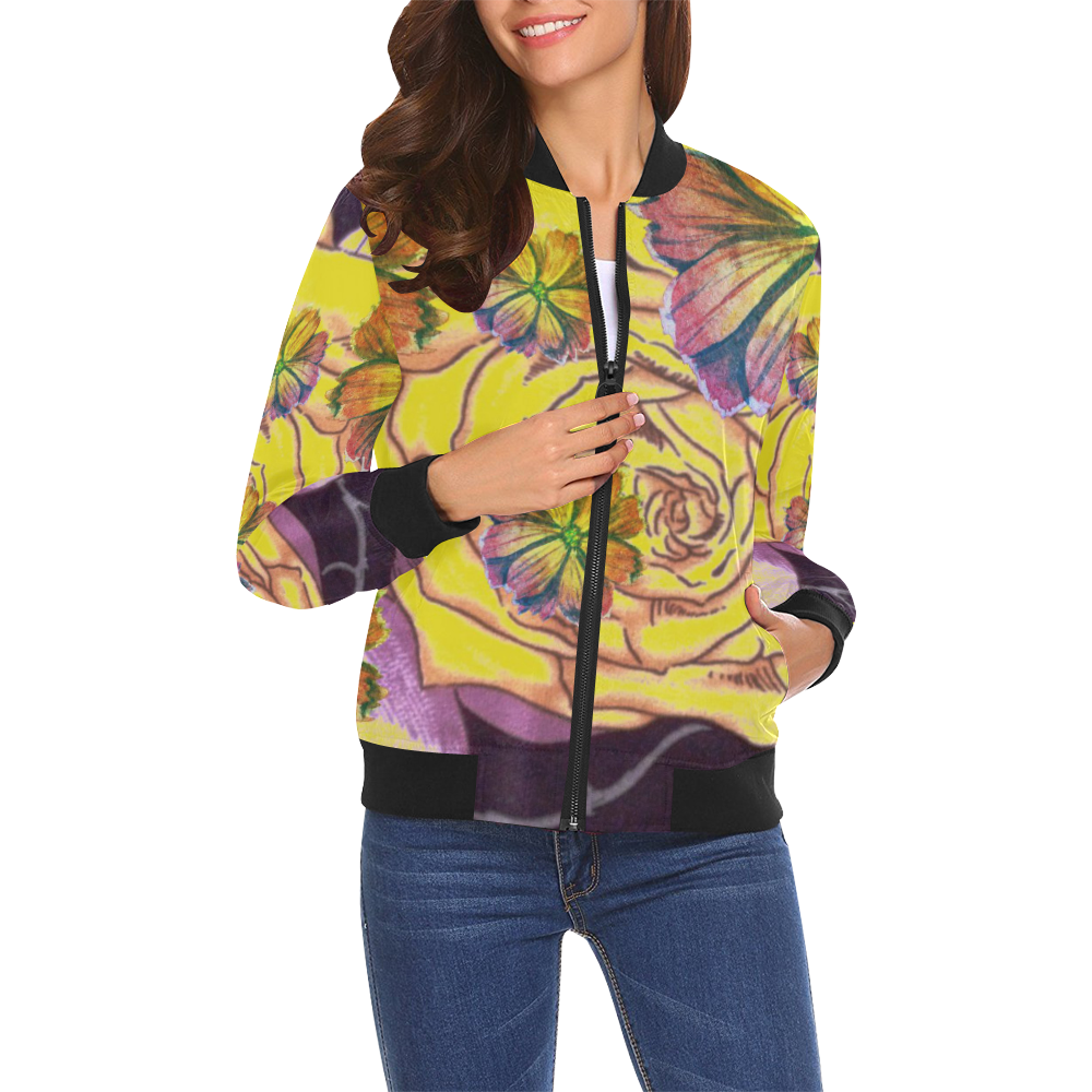 Multicolor Watercolor Flowers Yellow Purple Green All Over Print Bomber Jacket for Women (Model H19)