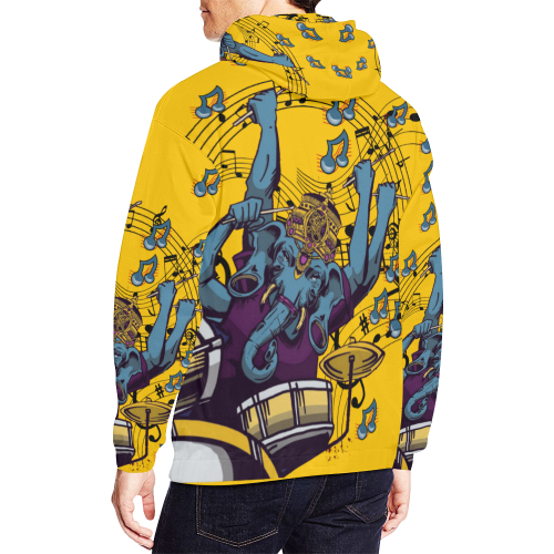 Ganesha Drummer Red Blue and Purple Music Theme  Yellow All Over Print Hoodie for Men/Large Size (USA Size) (Model H13)