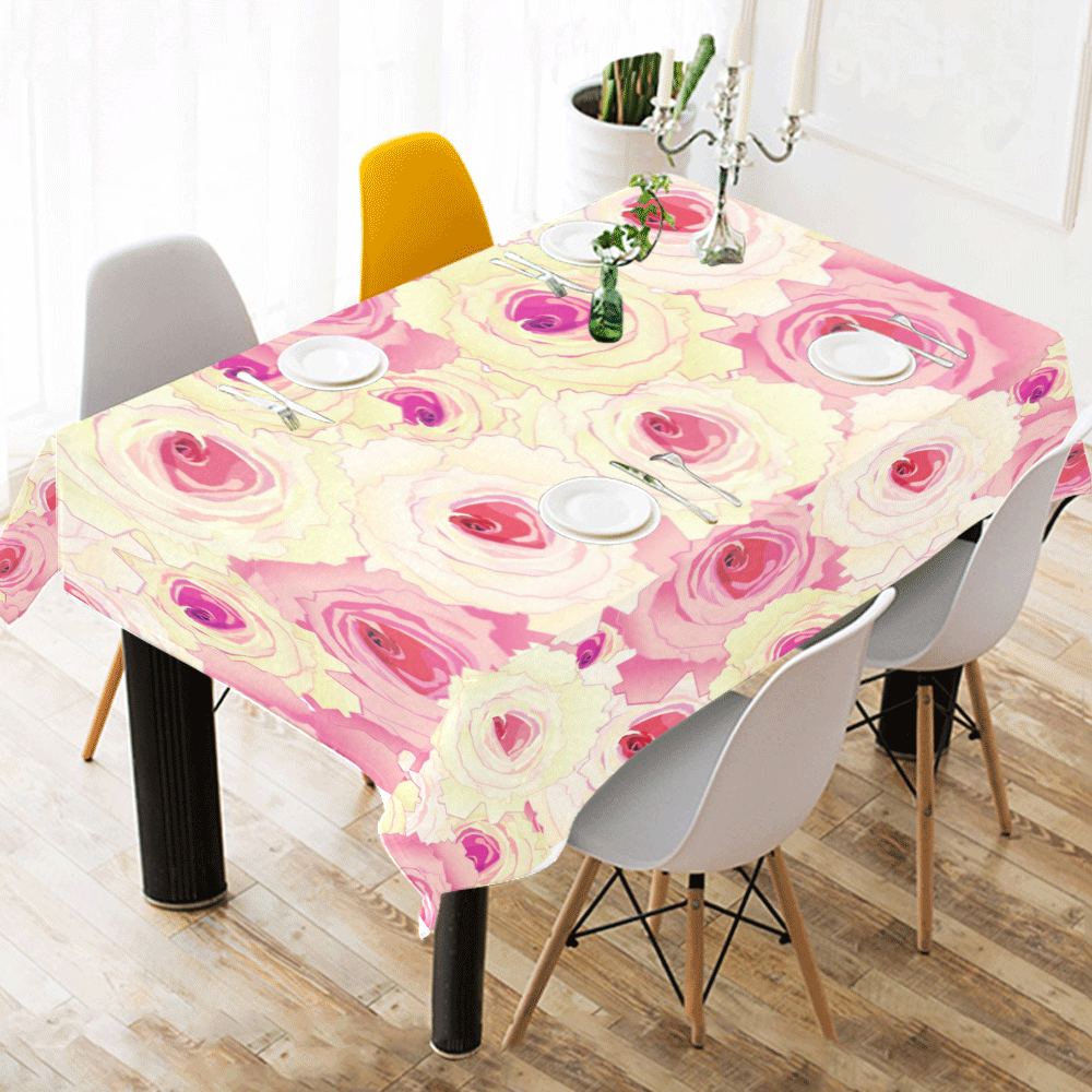 Pink and Yellow Yea Roses Cotton Linen Tablecloth 52"x 70"