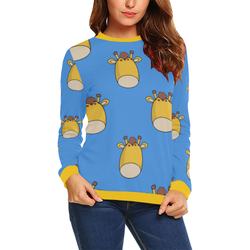 Giraffes Blue All Over Print Crewneck Sweatshirt for Women (Model H18)
