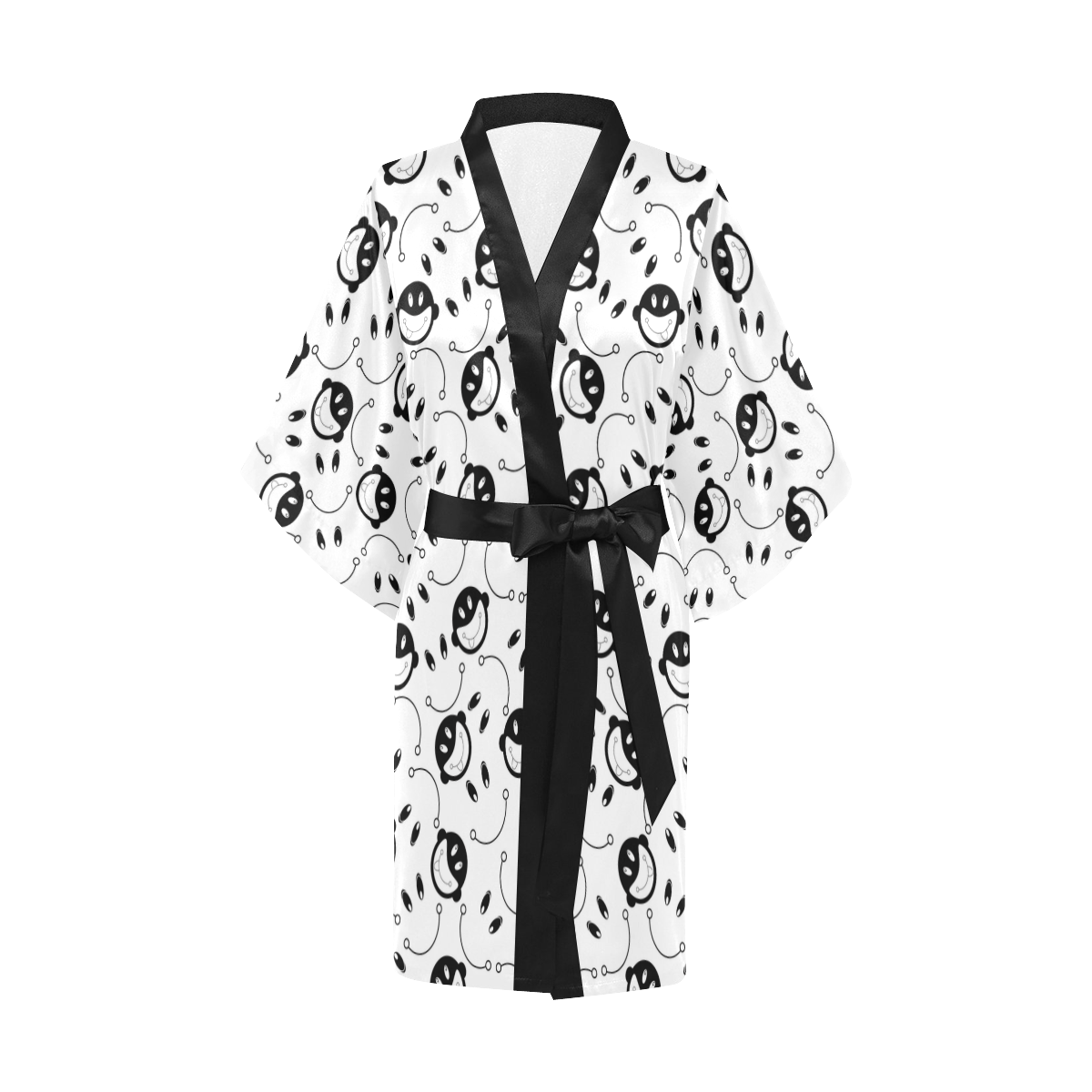 Black White Monkey Pattern Kimono Robe