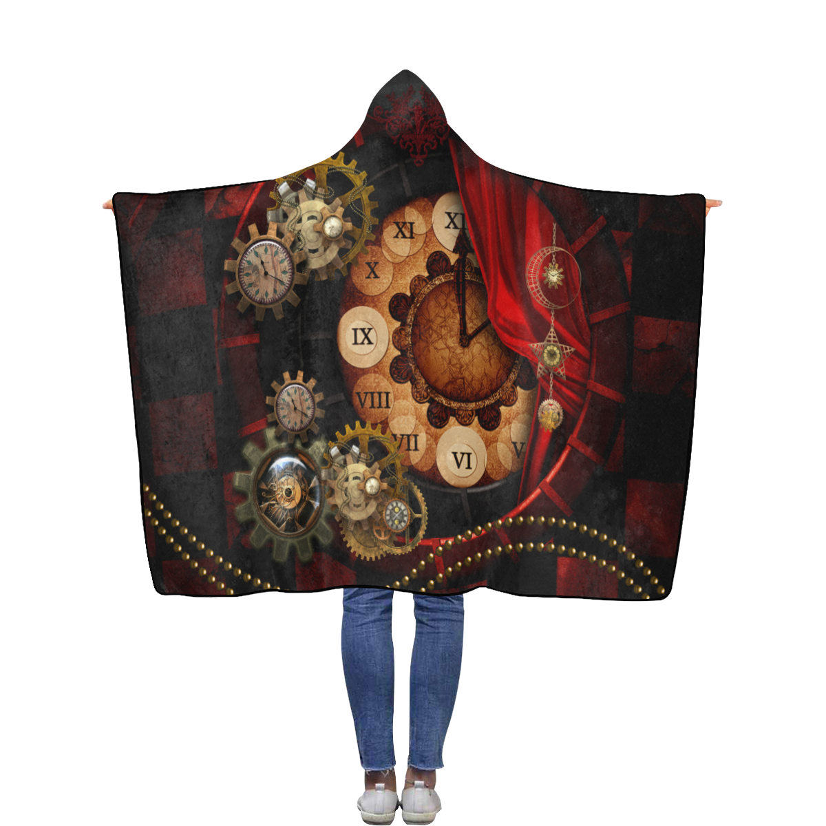 Steampunk, wonderful clockwork Flannel Hooded Blanket 50''x60''