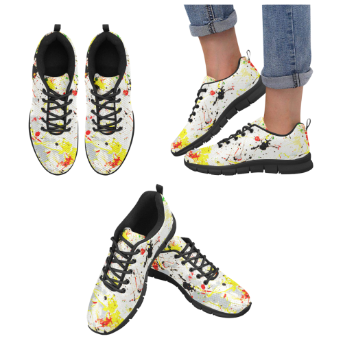 Yellow & Black Paint Splatter - Black Women's Breathable Running Shoes (Model 055)