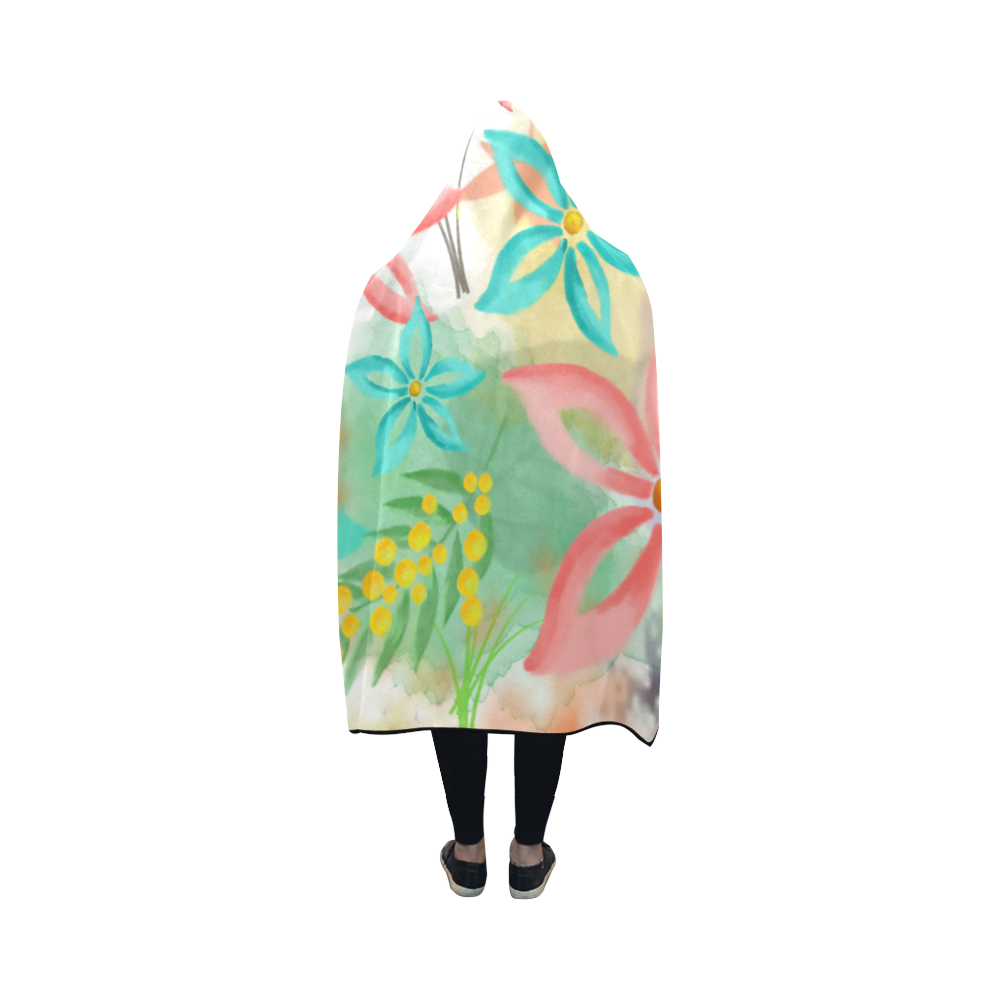 Flower Pattern - coral pink, teal green, yellow Hooded Blanket 50''x40''