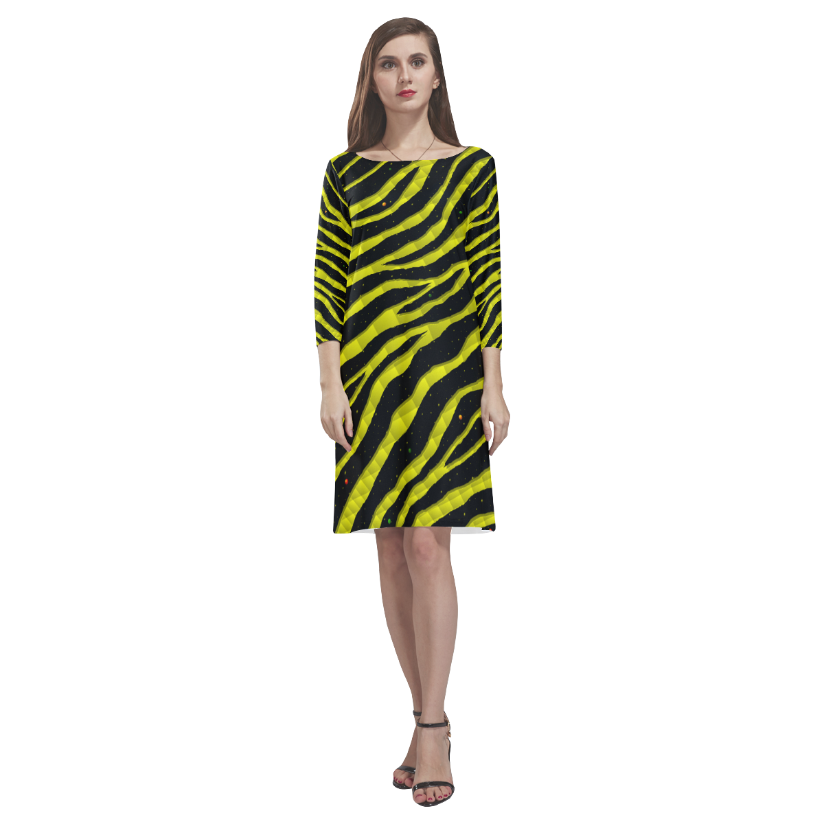 Ripped SpaceTime Stripes - Yellow Rhea Loose Round Neck Dress(Model D22)