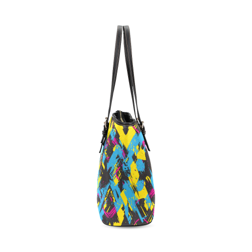 Colorful paint stokes on a black background Leather Tote Bag/Large (Model 1640)