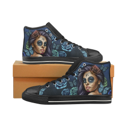 Calavera Turquoise Black Women's Classic High Top Canvas Shoes (Model 017)