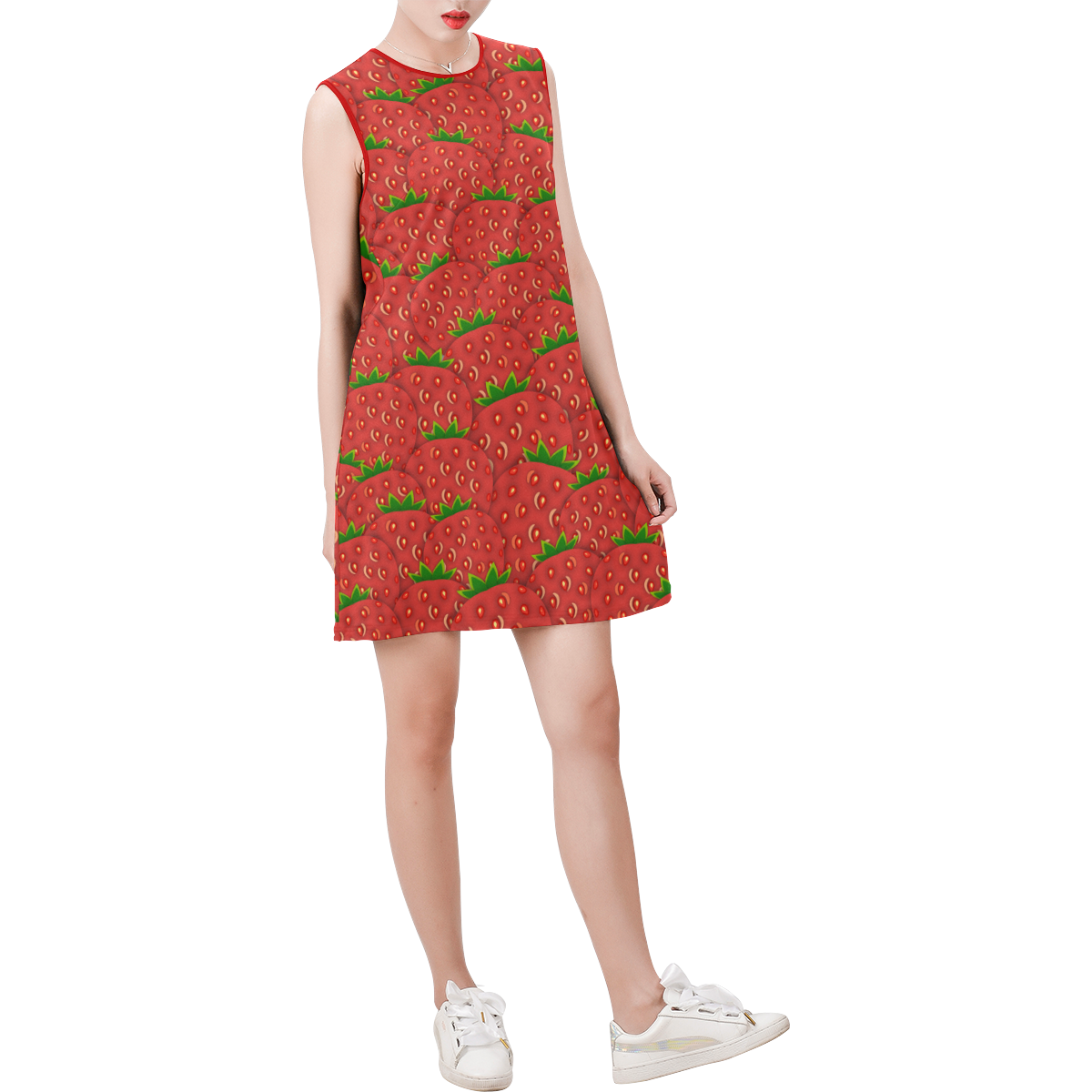 Strawberry Patch Sleeveless Round Neck Shift Dress (Model D51)
