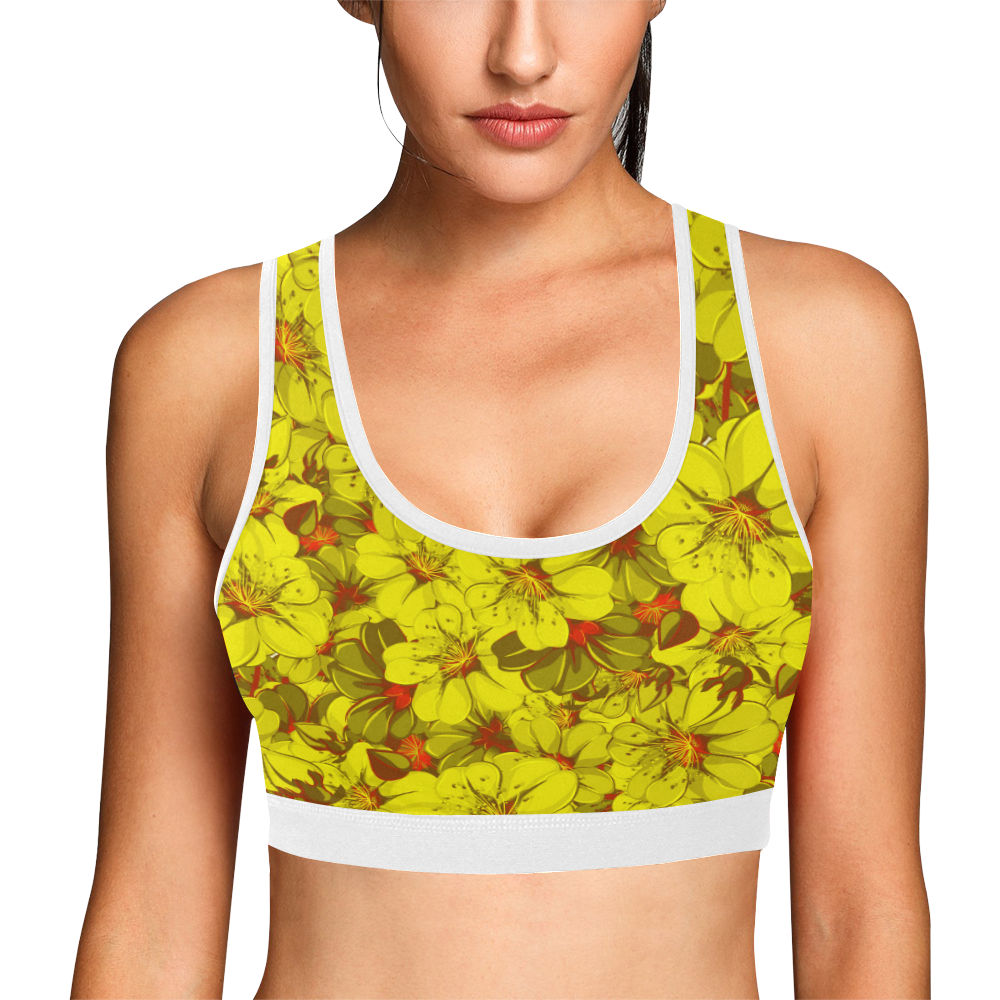 Yellow flower pattern Women's All Over Print Sports Bra (Model T52)