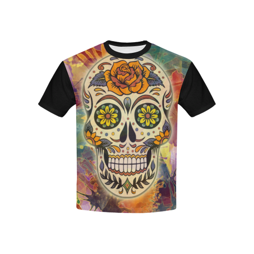 Sugar Skull Rose Splashes Kids' All Over Print T-Shirt with Solid Color Neck (Model T40)