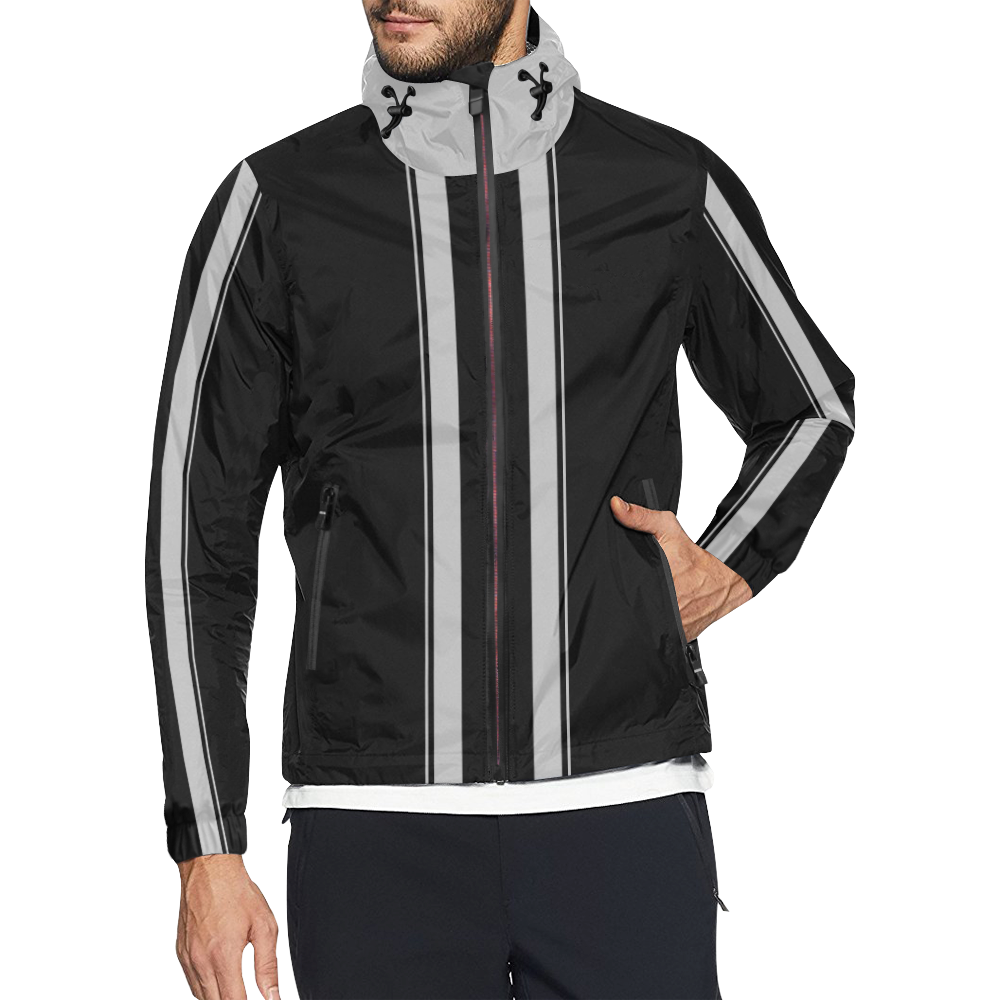 Race Car Stripes Black and Silver Unisex All Over Print Windbreaker (Model H23)
