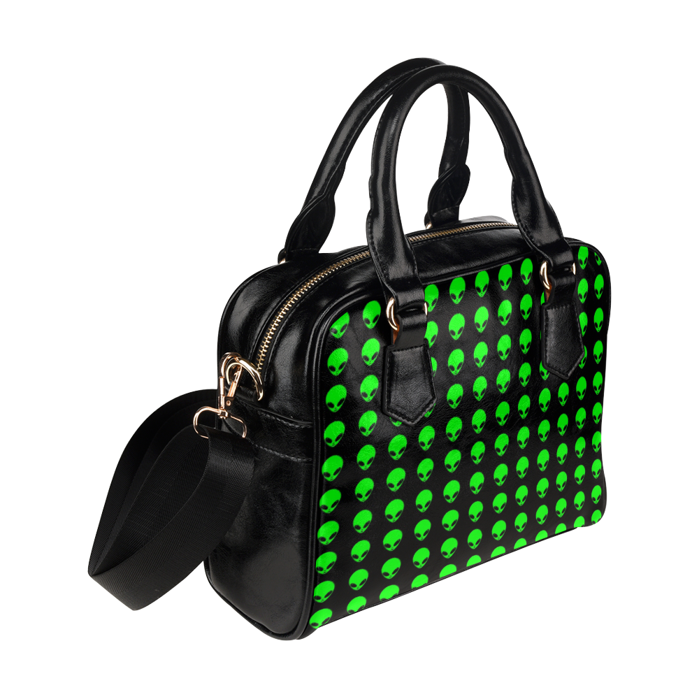 Neon Green Alien Head Print Shoulder Handbag (Model 1634)
