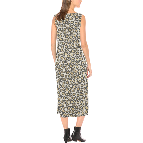 Linen Small Cheetah Animal Print Phaedra Sleeveless Open Fork Long Dress (Model D08)