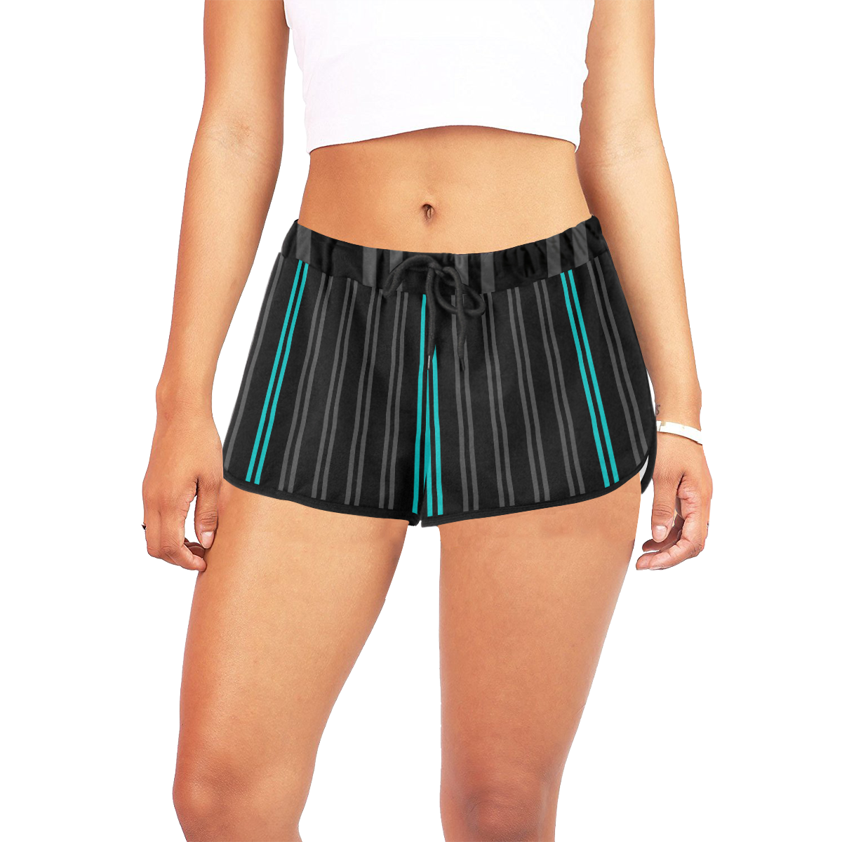 Gray/Aqua Stripes on Black Background Women's All Over Print Relaxed Shorts (Model L19)
