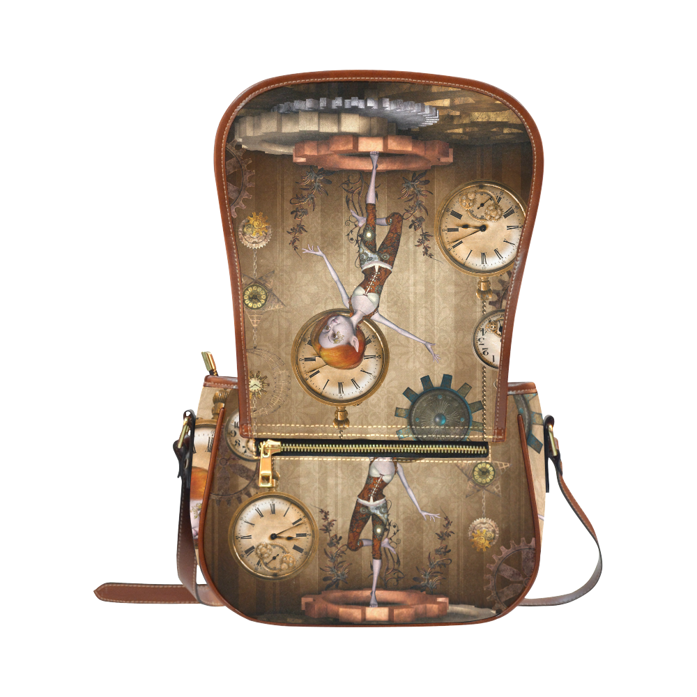 Steampunk girl, clocks and gears Saddle Bag/Large (Model 1649)