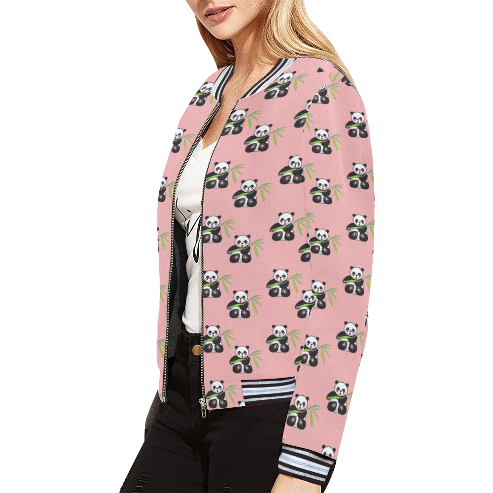 panda with bamboo pink All Over Print Bomber Jacket for Women (Model H21)