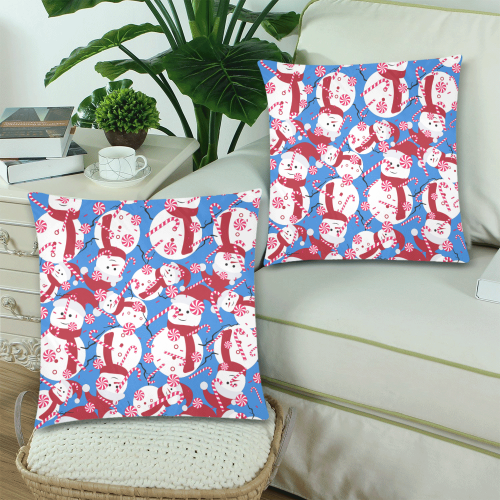 CandyCANE SNOWMAN CHRISTMAS BLUE Custom Zippered Pillow Cases 18"x 18" (Twin Sides) (Set of 2)