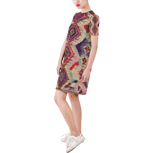 Modern vintage boho short dress Short-Sleeve Round Neck A-Line Dress (Model D47)