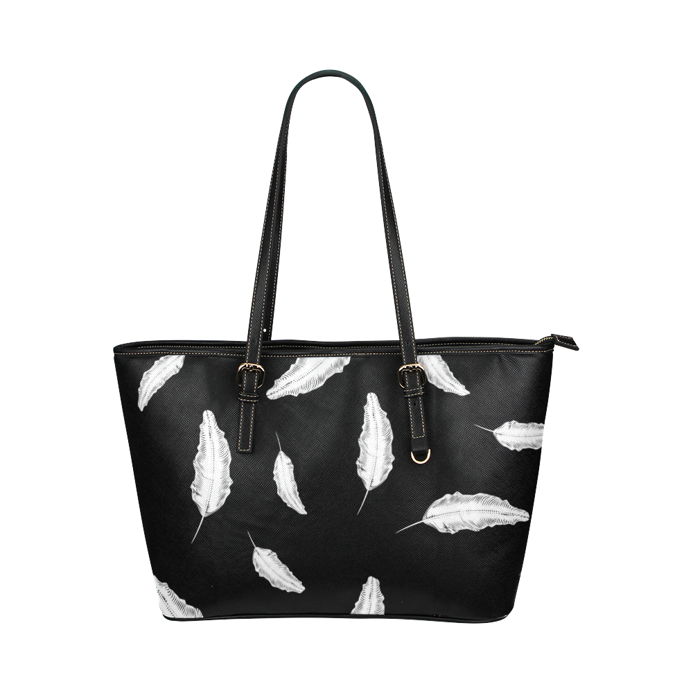 White Feathers Leather Tote Bag/Small (Model 1651)