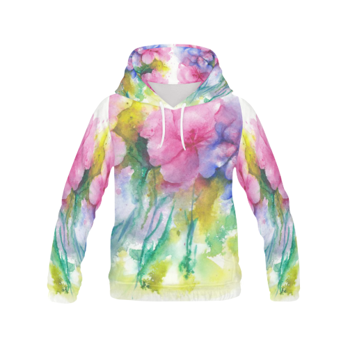 Tropical Flowers, Bold Floral Watercolor All Over Print Hoodie for Women (USA Size) (Model H13)