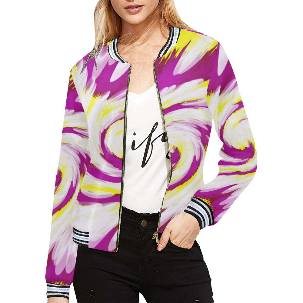 Pink Yellow Tie Dye Swirl Abstract All Over Print Bomber Jacket for Women (Model H21)