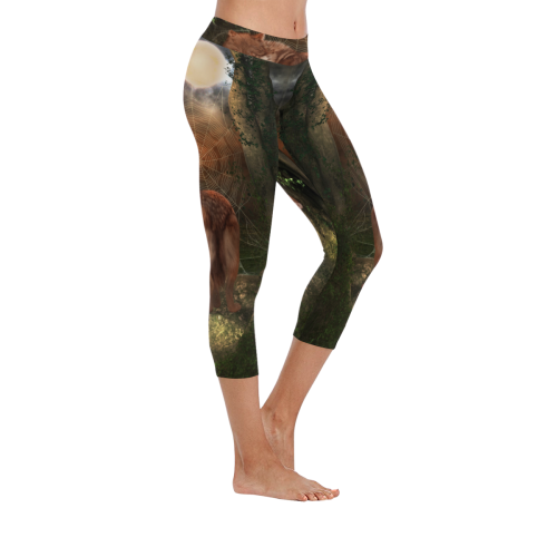 Awesome wolf in the night Women's Low Rise Capri Leggings (Invisible Stitch) (Model L08)