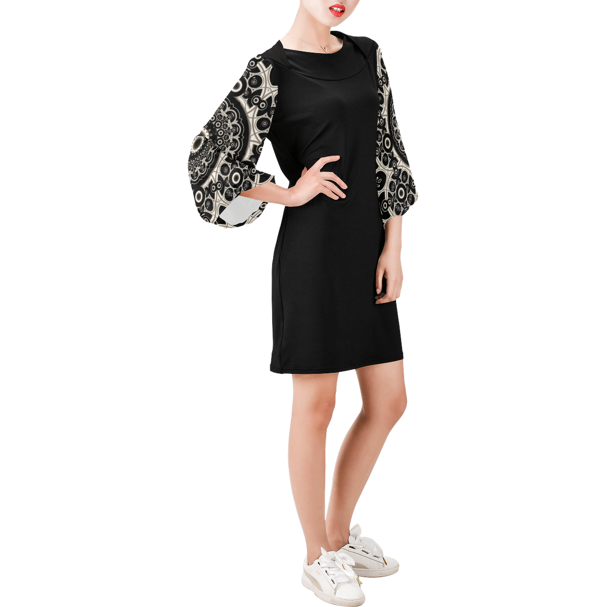 Black Lace (on sleeves only) Bell Sleeve Dress (Model D52)