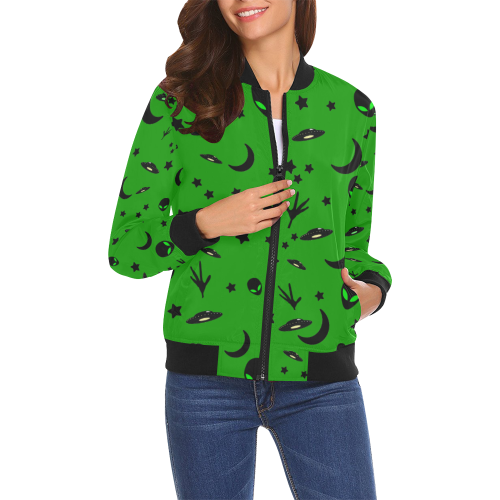 Alien Flying Saucers Stars Pattern on Green All Over Print Bomber Jacket for Women (Model H19)